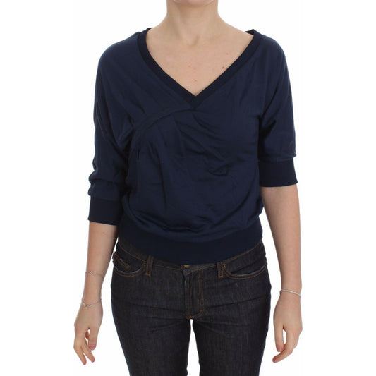 Exte Elegant Deep V-Neck Sweater in Blue Exte Tan