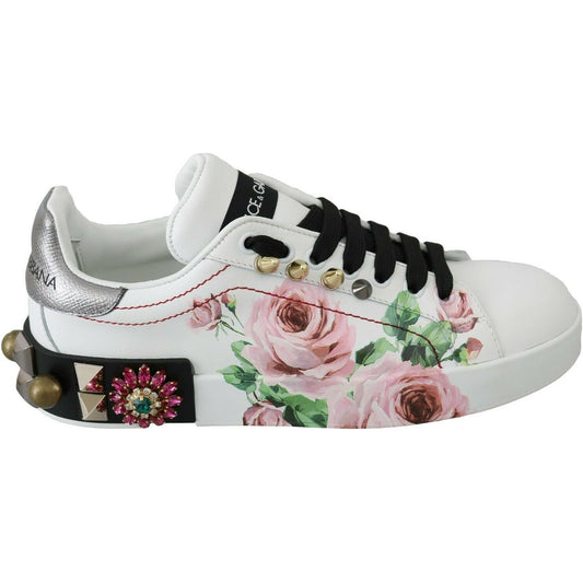 Dolce & Gabbana Floral Crystal-Embellished Leather Sneakers Dolce & Gabbana Gray