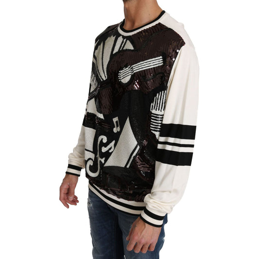 Dolce & Gabbana White Jazz Sequined Guitar Pullover Top Sweater