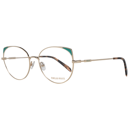 Emilio Pucci Gold Metal Glasses (Frames) for women, full-rim style, gold color, metal frame with 54-17-140 dimensions.