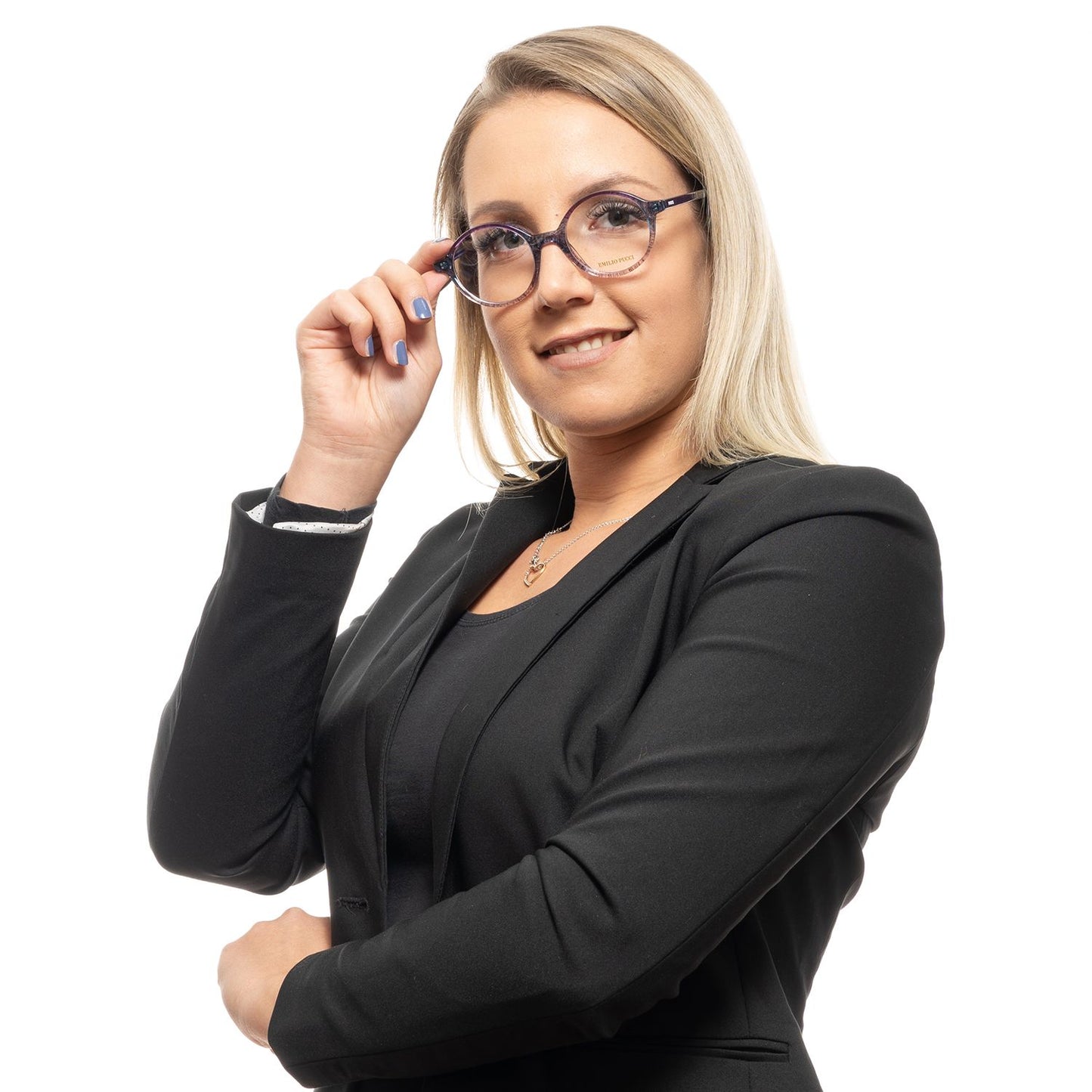 Woman wearing Emilio Pucci Purple Plastic Glasses (Frames) in full-rim style, dressed in a black blazer, against a white background.