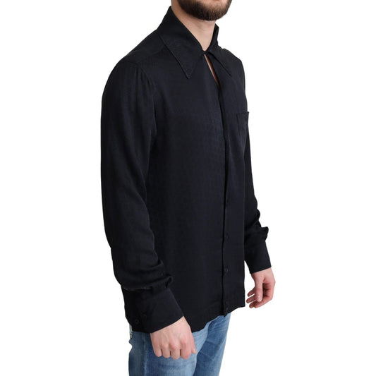 Dolce & Gabbana Black Jacquard Silk Casual Button Down Shirt TSH6176 -37