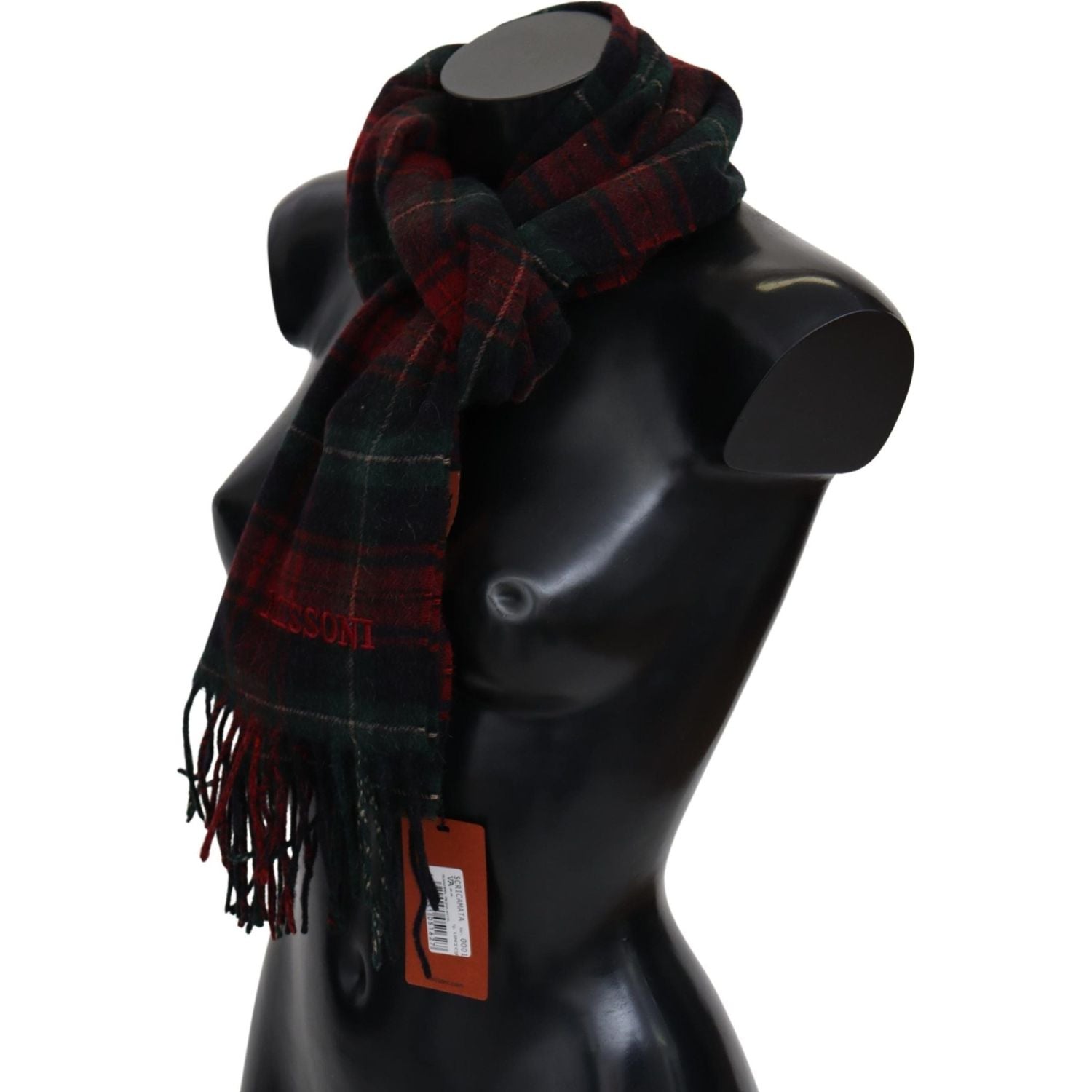 Missoni Black Red Check Wool Unisex Neck Wrap Fringes Scarf