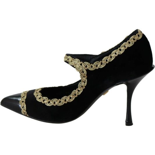 Dolce & Gabbana Elegant Gold-Embroidered Black Velvet Pumps WOMAN PUMPS Dolce & Gabbana Dark Gray