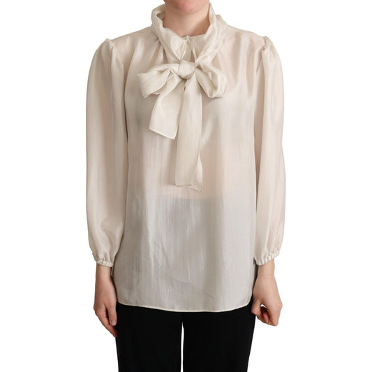 Dolce & Gabbana Elegant Light Gray Silk Ascot Blouse Dolce & Gabbana Gray
