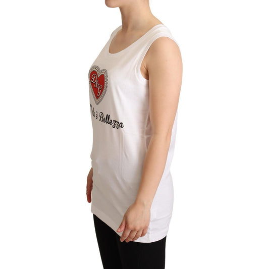 Dolce & Gabbana Crystal Embellished Heart White Sleeveless Tee Dolce & Gabbana Tan