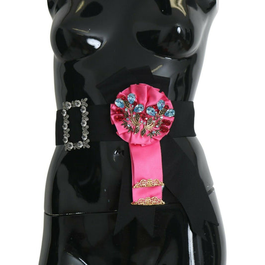 Dolce & Gabbana Elegant Floral Crystal Ribbon Waist Belt WOMAN BELTS Dolce & Gabbana Black