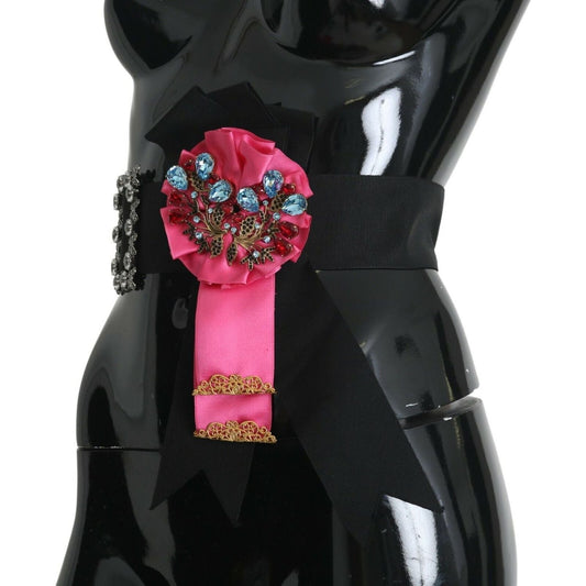Dolce & Gabbana Elegant Floral Crystal Ribbon Waist Belt WOMAN BELTS Dolce & Gabbana Black