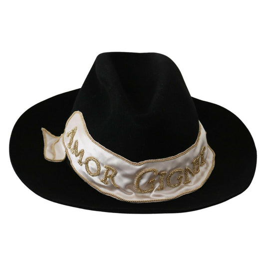 Dolce & Gabbana Black Lapin Amor Gignit Wide Brim Panama Hat HAT20055- 56