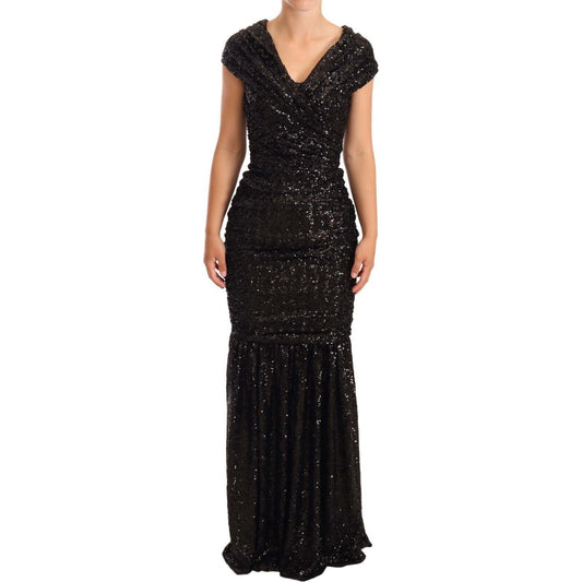 Dolce & Gabbana Black Sequined Open Shoulder Long Gown Dress DR28222-36