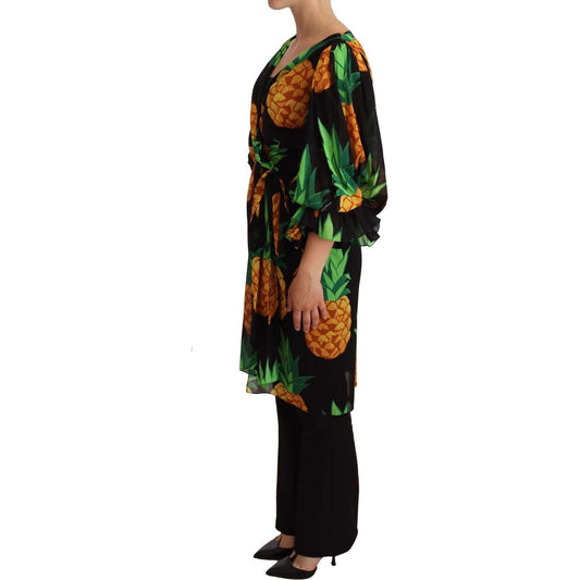 Dolce & Gabbana Black Ananas Print Wrap Stretch Silk Dress DR28157 -36