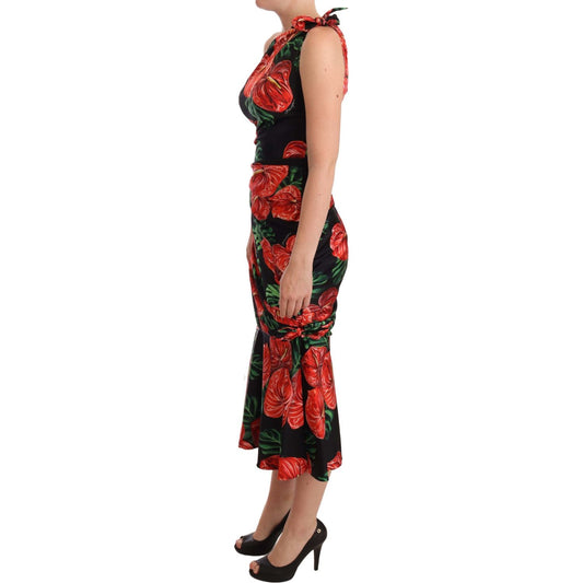Dolce & Gabbana Black Shiny Silk Floral Print Draped Dress DR28184-38
