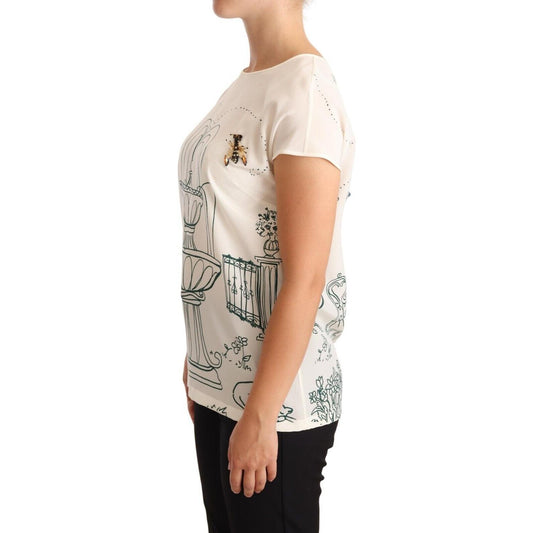 Dolce & Gabbana Elegant Silk Botanical Garden Fountain Tee Blouse Top Dolce & Gabbana Tan