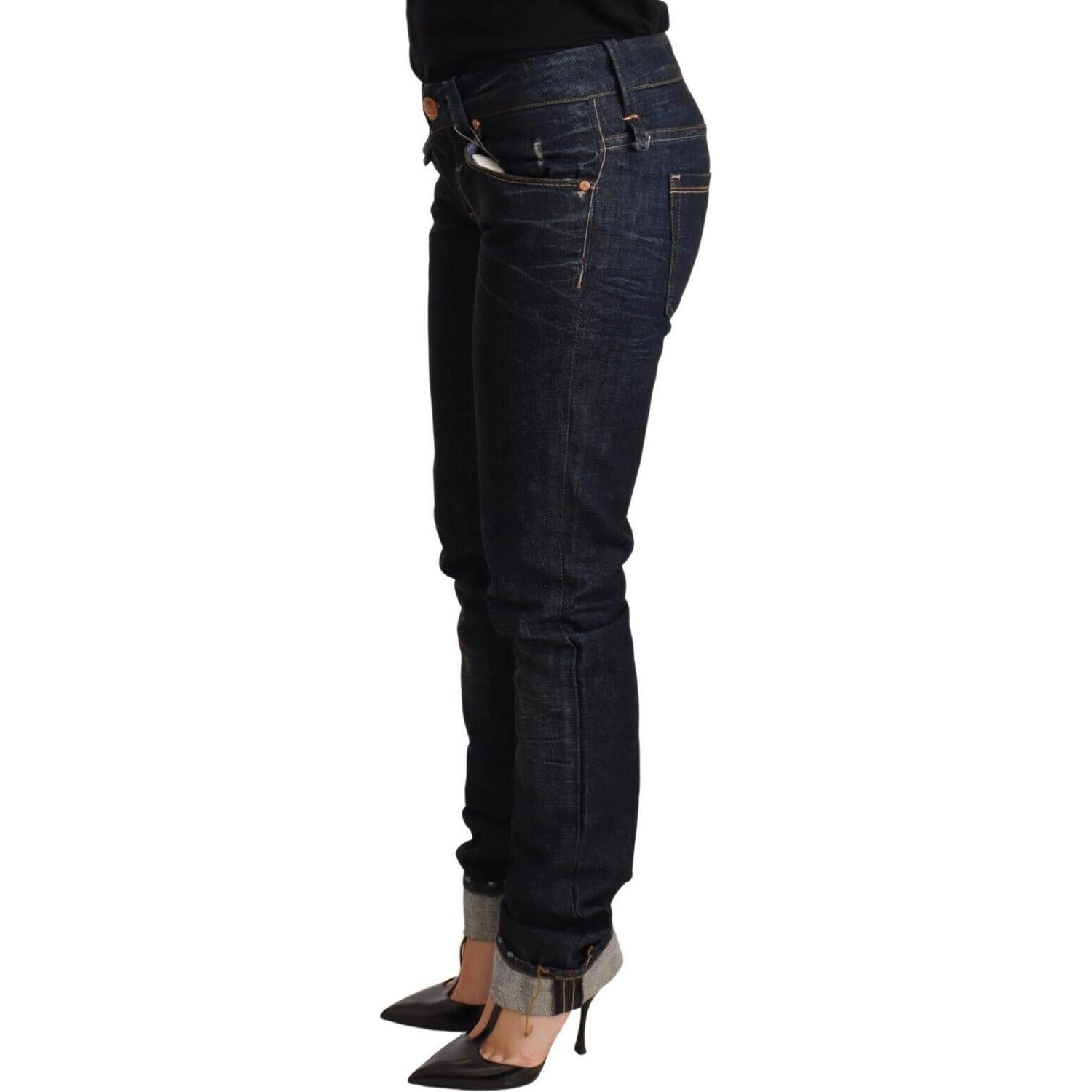 Acht Dark Blue Cotton Slim Fit Folded Hem Women Denim Trouser Jeans
