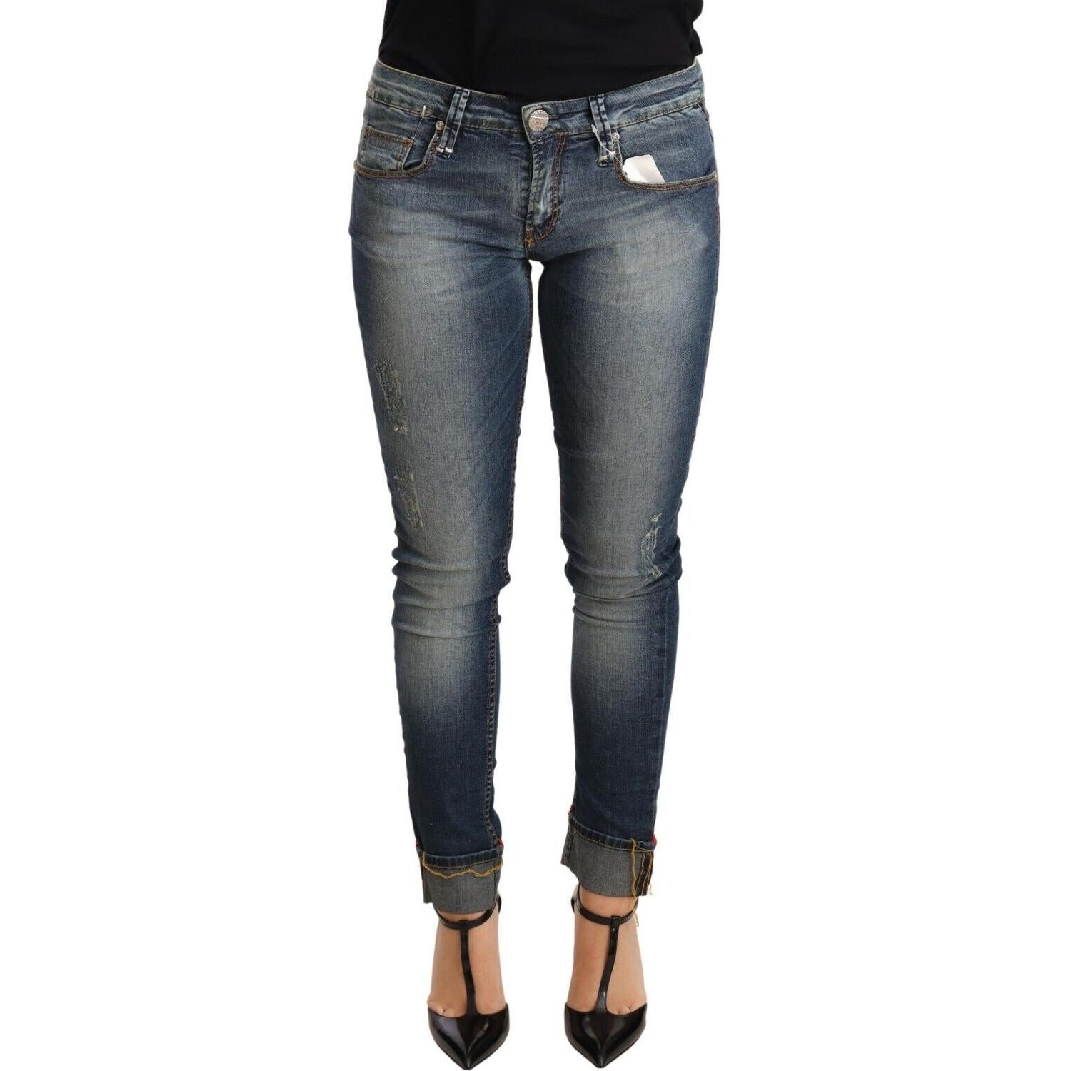 Acht Blue Washed Cotton Low Waist Skinny Denim Women Trouser Jeans