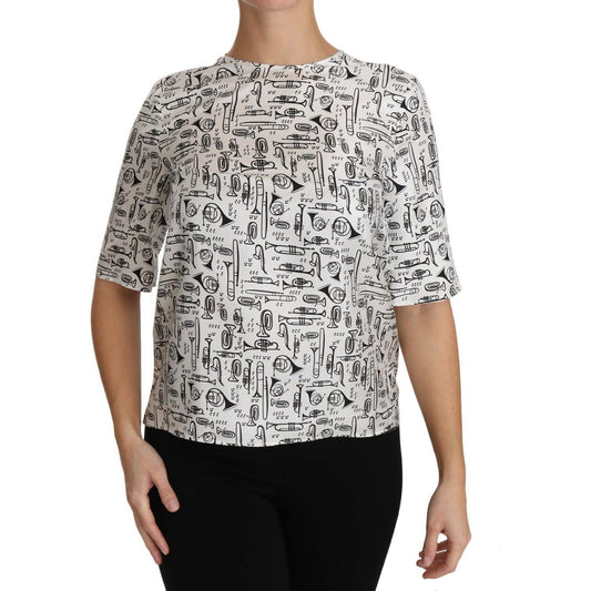 Dolce & Gabbana Elegant Trumpet Print Silk Blouse Top Blouse Top Dolce & Gabbana Gray