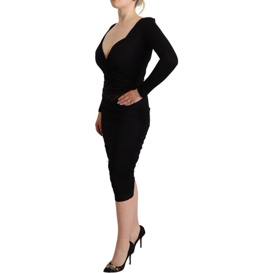 GF Ferre Black Long Sleeves Sweetheart Neck Midi Dress DR28585 - 40
