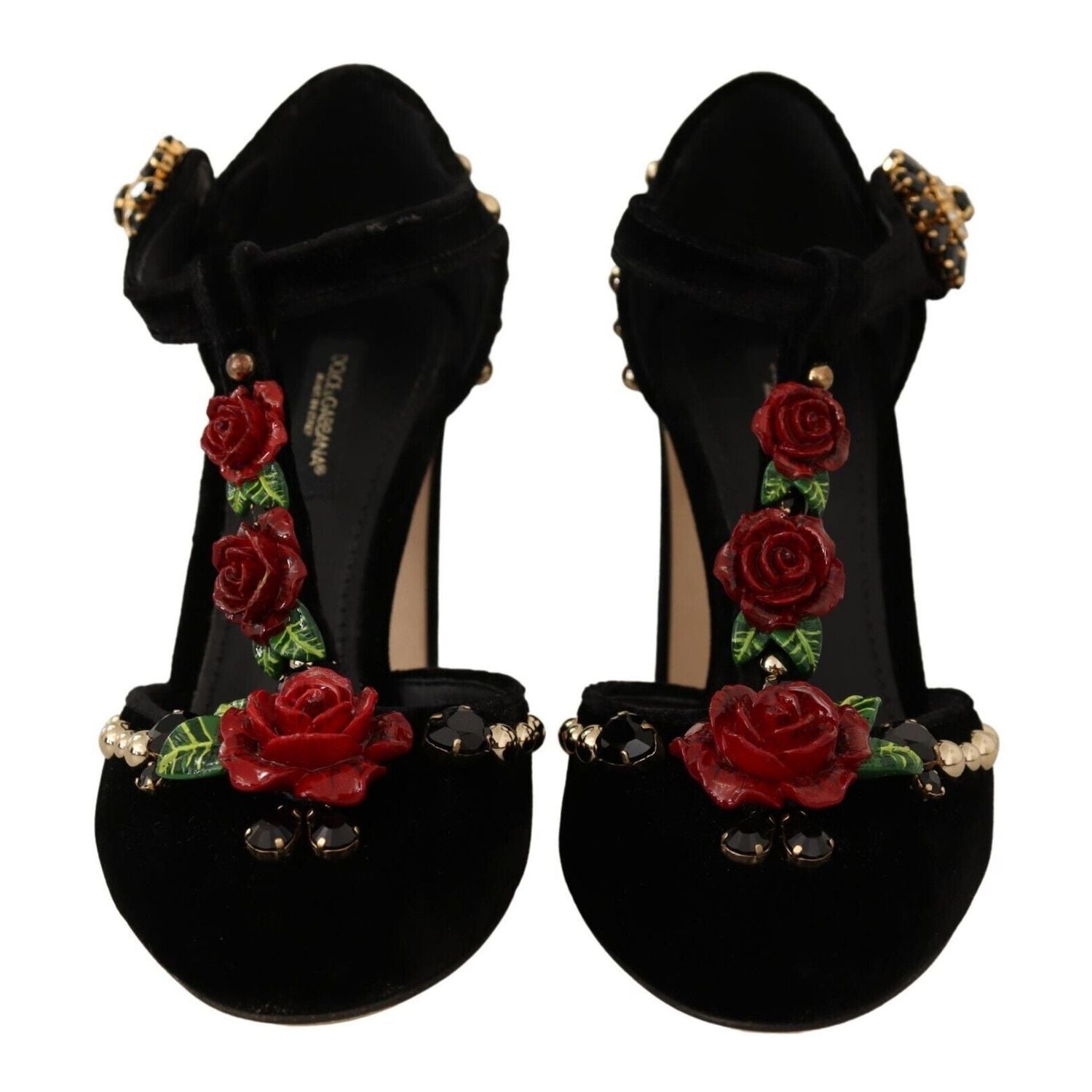Dolce & Gabbana Black Mary Jane Pumps Roses Crystals Shoes