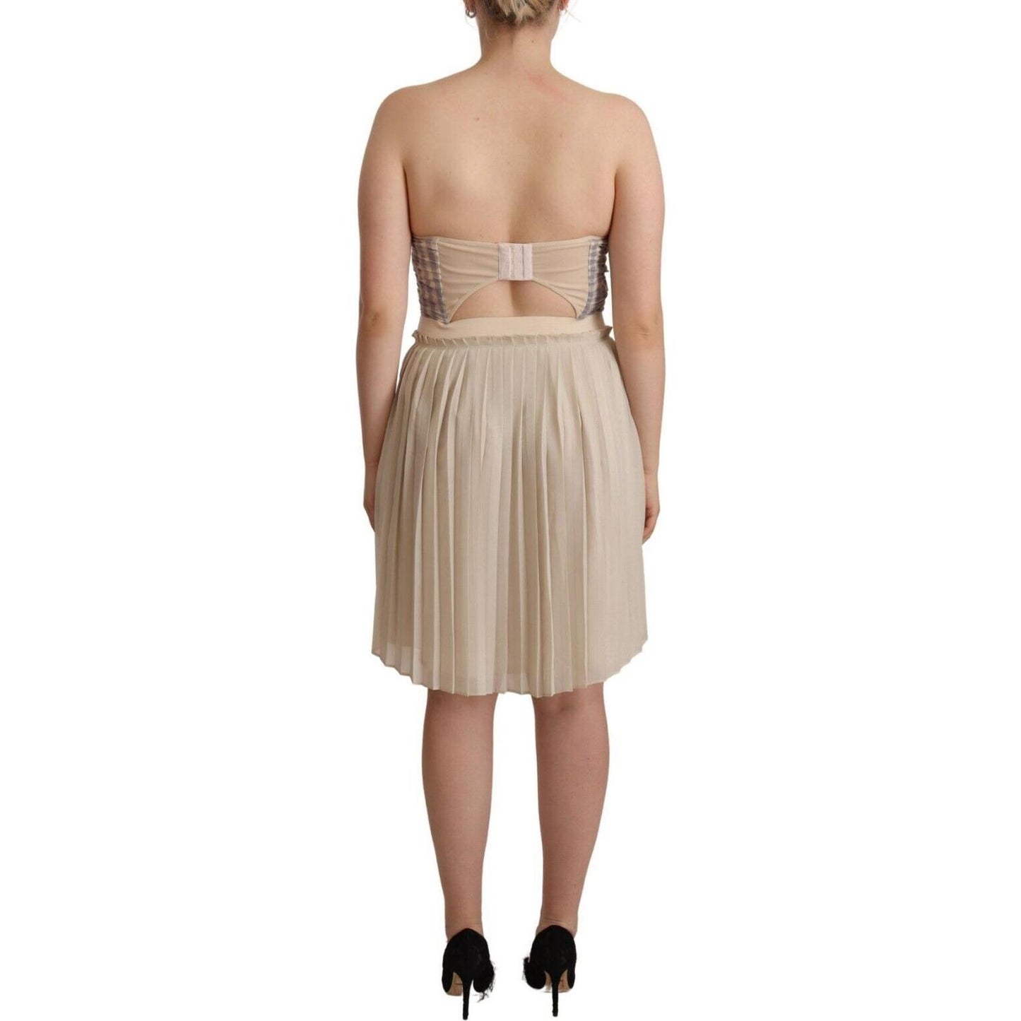 Guess Beige Checkered Pleated A-line Strapless Bustier Dress WOMAN DRESSES