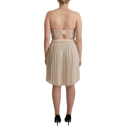 Guess Beige Checkered Pleated A-line Strapless Bustier Dress WOMAN DRESSES