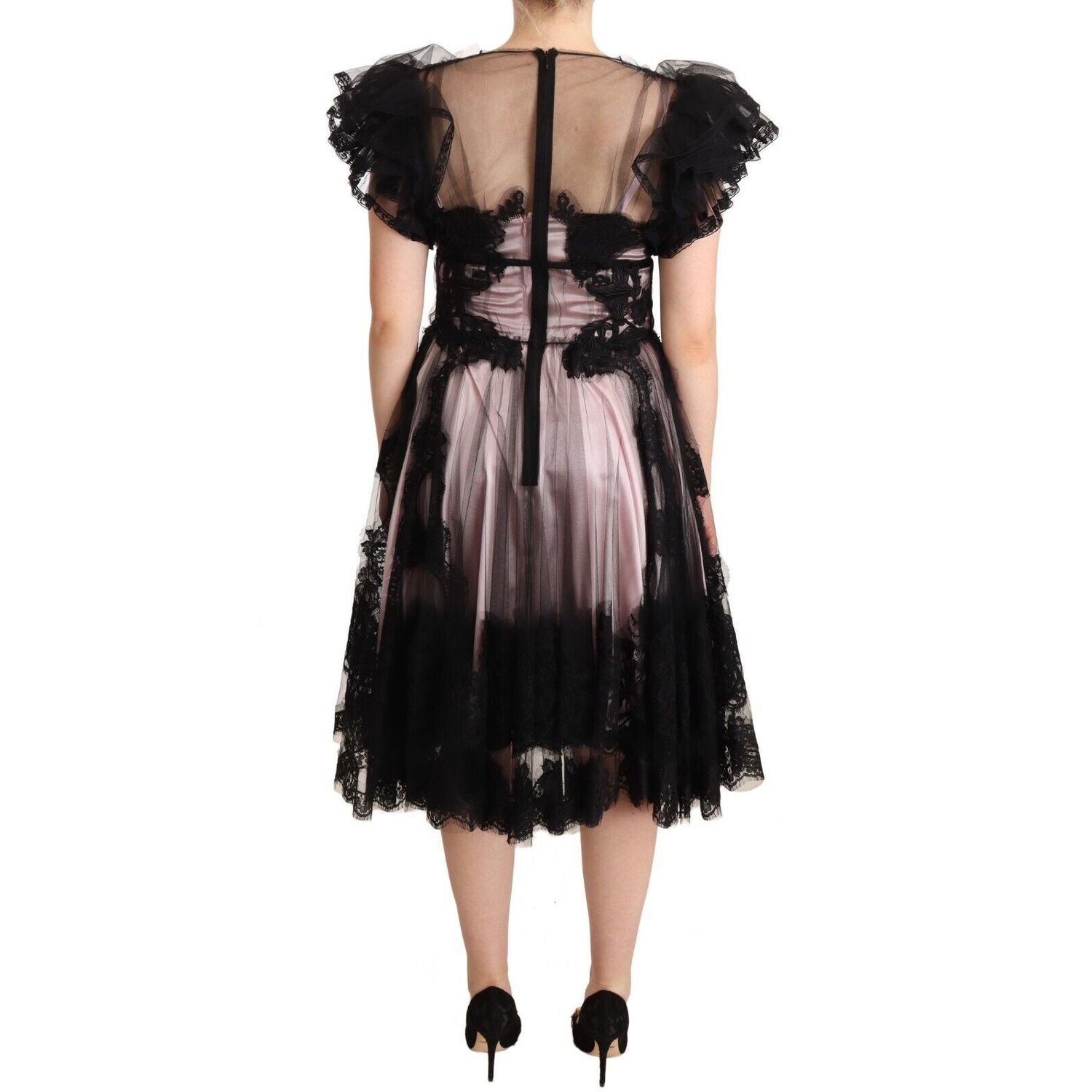 Dolce & Gabbana Black Pink Floral Lace A-line Midi Sheer Dress