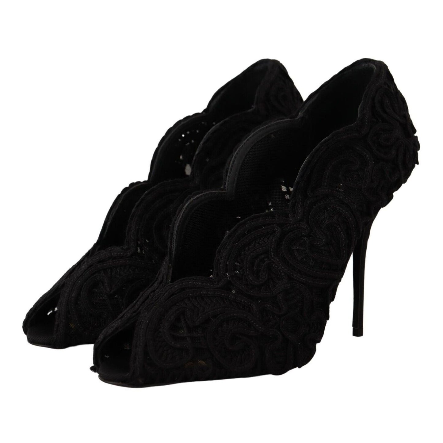 Dolce & Gabbana Black Cordonetto Ricamo Pump Open Toe Shoes