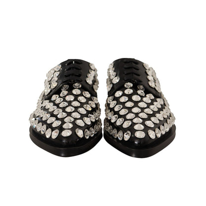Dolce & Gabbana Black Leather Crystals Lace Up Formal Shoes