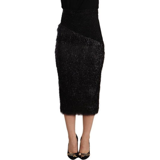Masha Ma Black Tinsel High Waist Pencil Midi Viscose Skirt SKI1618 - 38