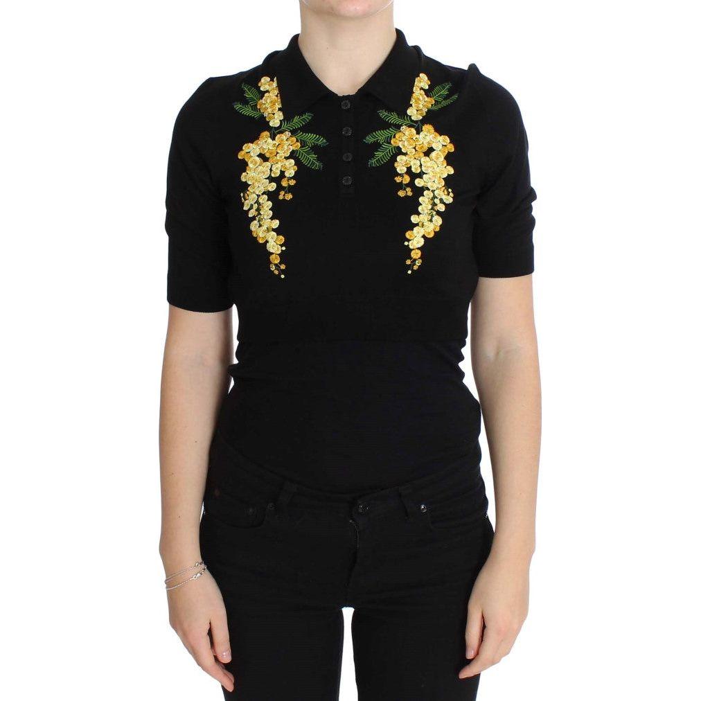 优雅黑色丝绸花卉 Polo 衫