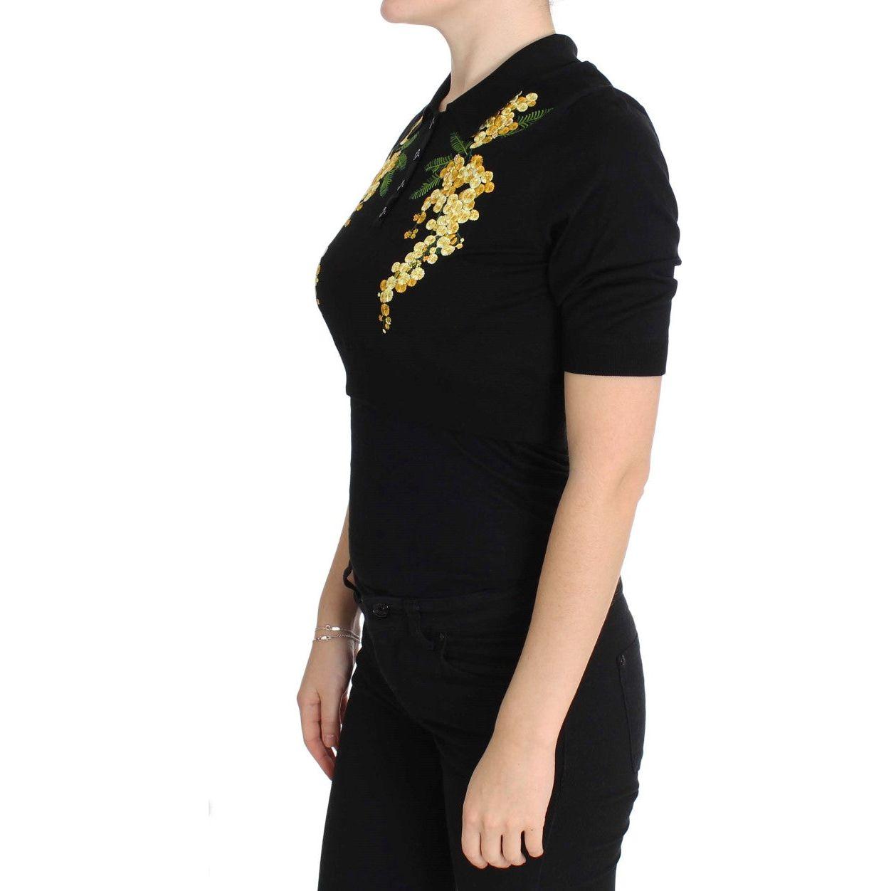 优雅黑色丝绸花卉 Polo 衫