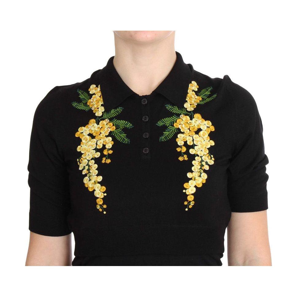 Dolce & Gabbana Black Silk Floral Embroidered Polo Top SIG20571-1