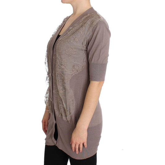 PINK MEMORIES Elegant Purple Cotton Lace Cardigan Sweater PINK MEMORIES Dim Gray
