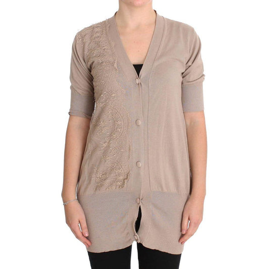PINK MEMORIES Elegant Pink Cotton Lace Cardigan PINK MEMORIES Rosy Brown