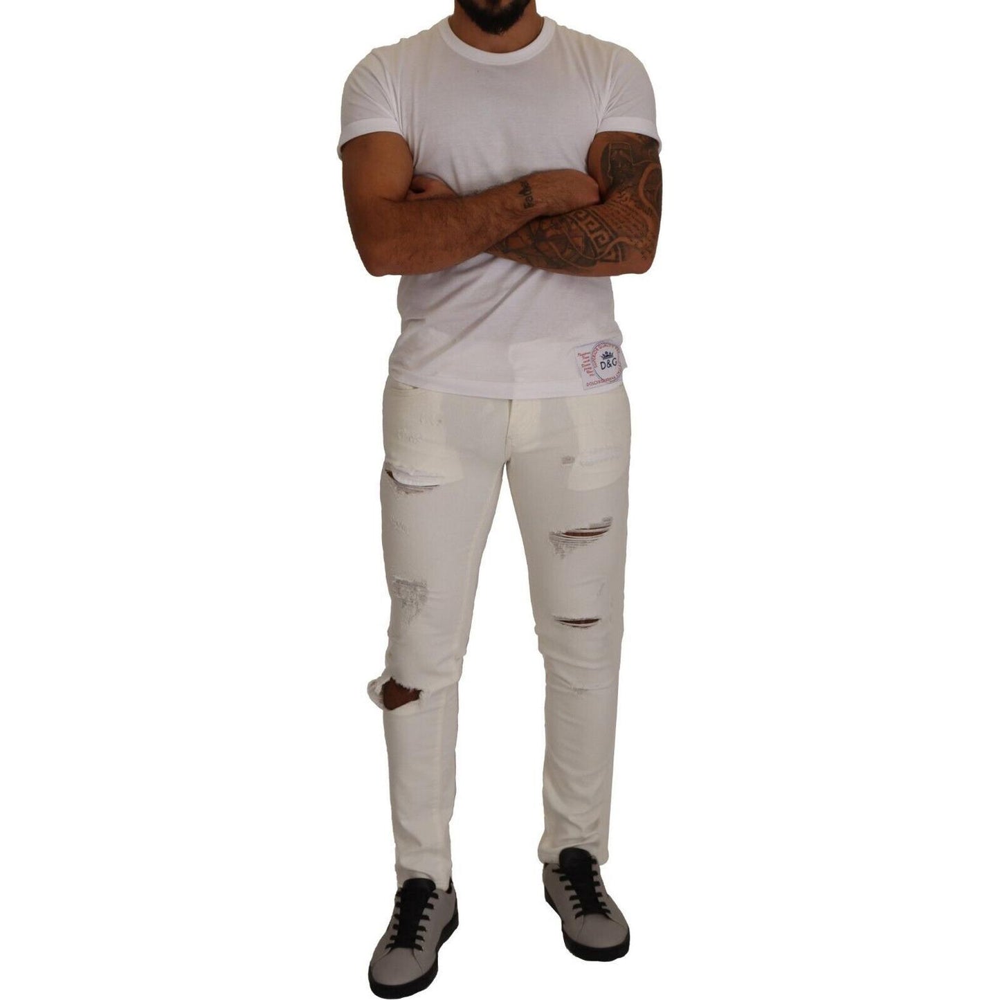 Dolce & Gabbana White Tattered Skinny Cotton Men Denim Jeans PAN72326 - 46