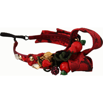 Dolce & Gabbana Cherry Silk Crystal Bow Logo Diadem Tiara Headband