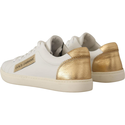 Dolce & Gabbana Elegant White Leather Sneakers with Gold Accents Dolce & Gabbana Light Gray
