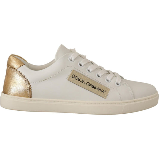 Dolce & Gabbana Elegant White Leather Sneakers with Gold Accents Dolce & Gabbana Gray