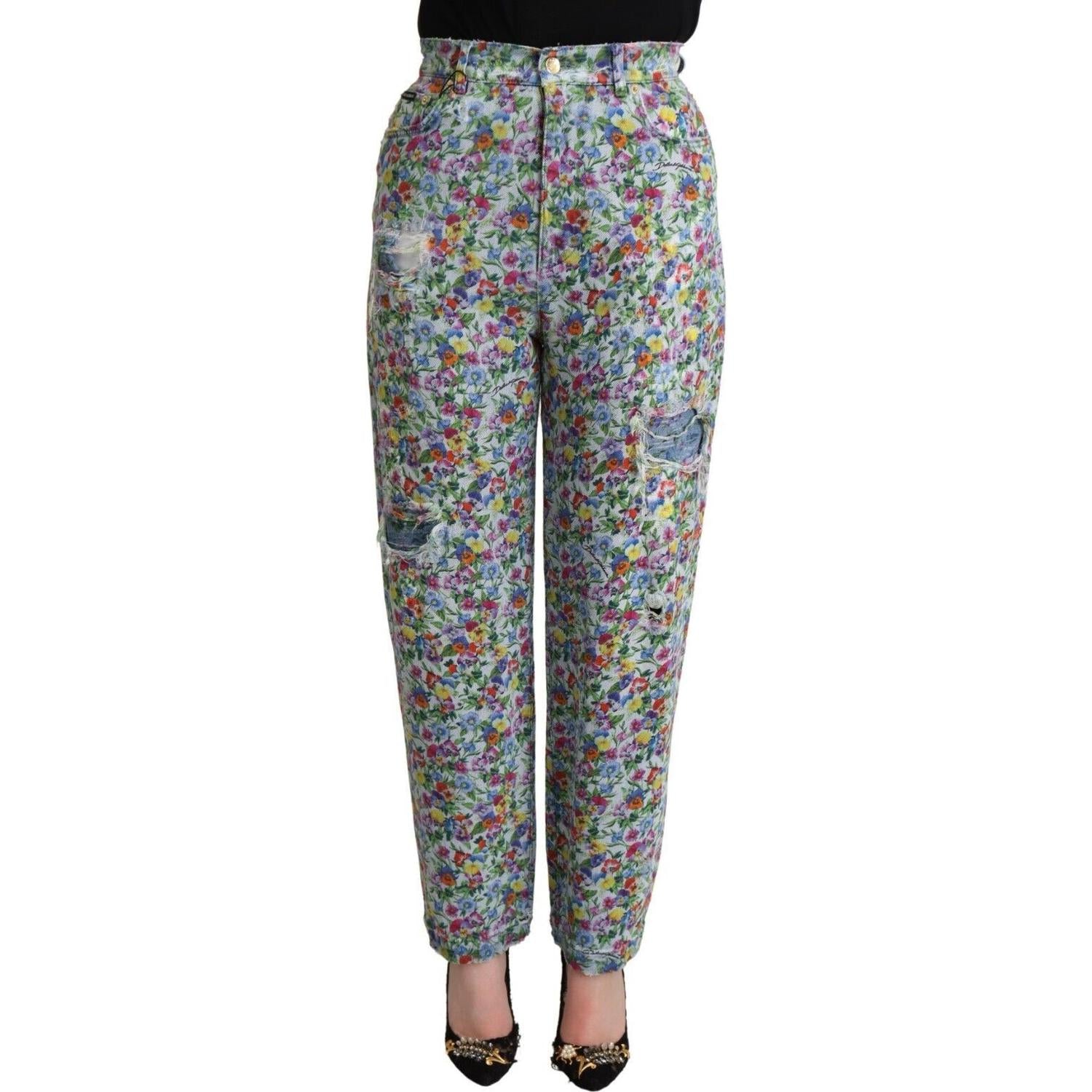 Dolce & Gabbana Blue Floral Print High Waist Denim Tapered Jeans