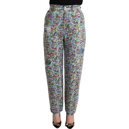 Dolce & Gabbana Blue Floral Print High Waist Denim Tapered Jeans