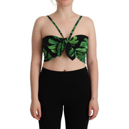 Dolce & Gabbana Black Green Leaf Silk Halter Cropped Top