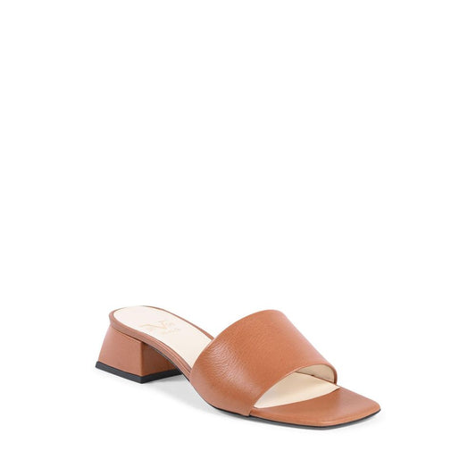 19V69 Italia Brown Leather Sandal with 4cm heel, 100% leather upper, women's size 36, made in Italy, tan color.