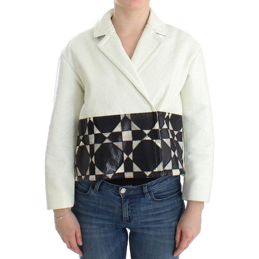 Andrea Pompilio Exclusive Black & White Leather Jacket Coats & Jackets Andrea Pompilio Light Gray