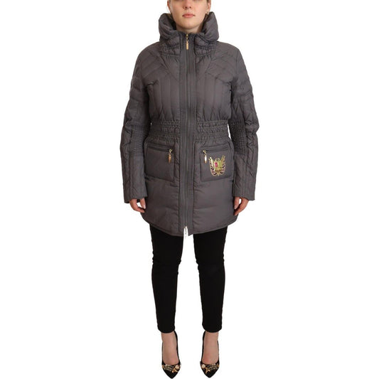 Roccobarocco Elegant Quilted Long Jacket with Logo Patch Roccobarocco Dark Slate Gray