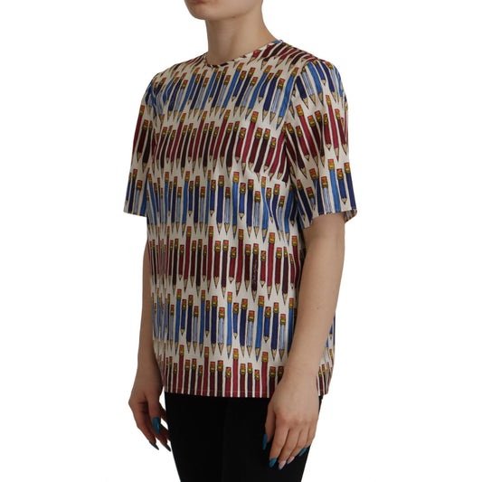 Dolce & Gabbana Chic White Pencil Print Short Sleeve Blouse Dolce & Gabbana Dim Gray