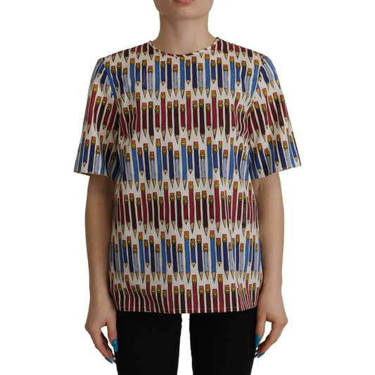 Dolce & Gabbana Chic White Pencil Print Short Sleeve Blouse Dolce & Gabbana Dark Slate Gray
