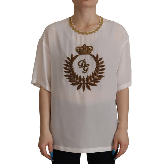 Dolce & Gabbana Elegant Silk Blouse with Gold Crown Embroidery Dolce & Gabbana Rosy Brown