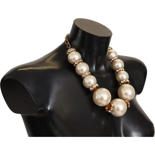 Dolce & Gabbana Elegant Faux Pearl Charm Necklace with Crystal Accents Necklace Dolce & Gabbana Black