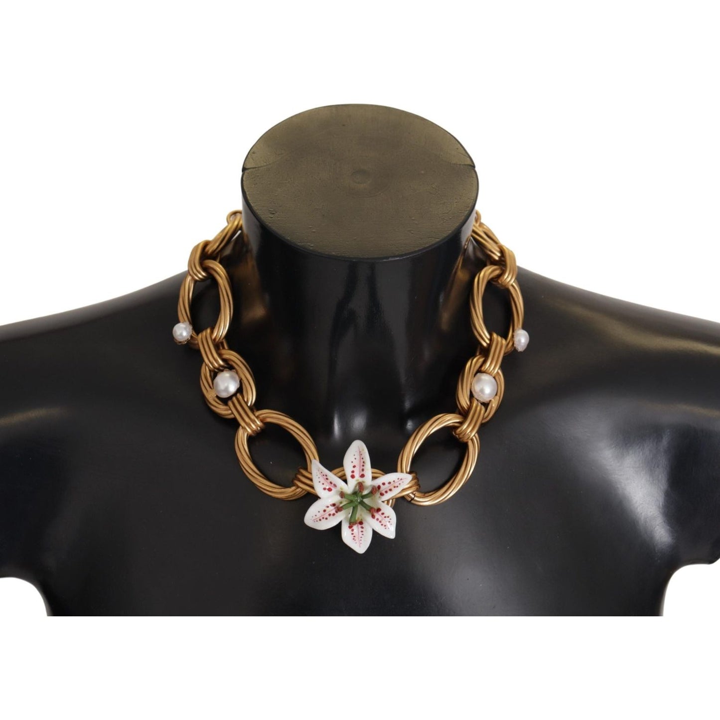 Dolce & Gabbana Gold White Lily Floral Chain Statement Necklace SMY100991