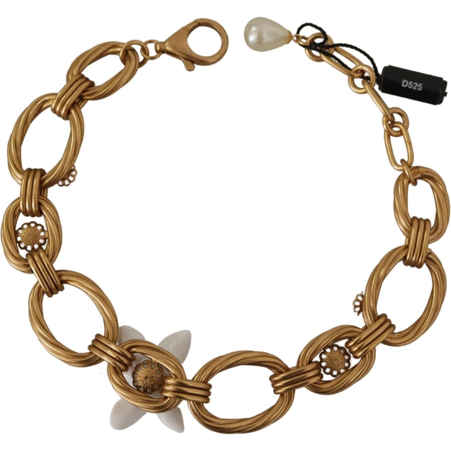 Dolce & Gabbana Gold White Lily Floral Chain Statement Necklace SMY100991