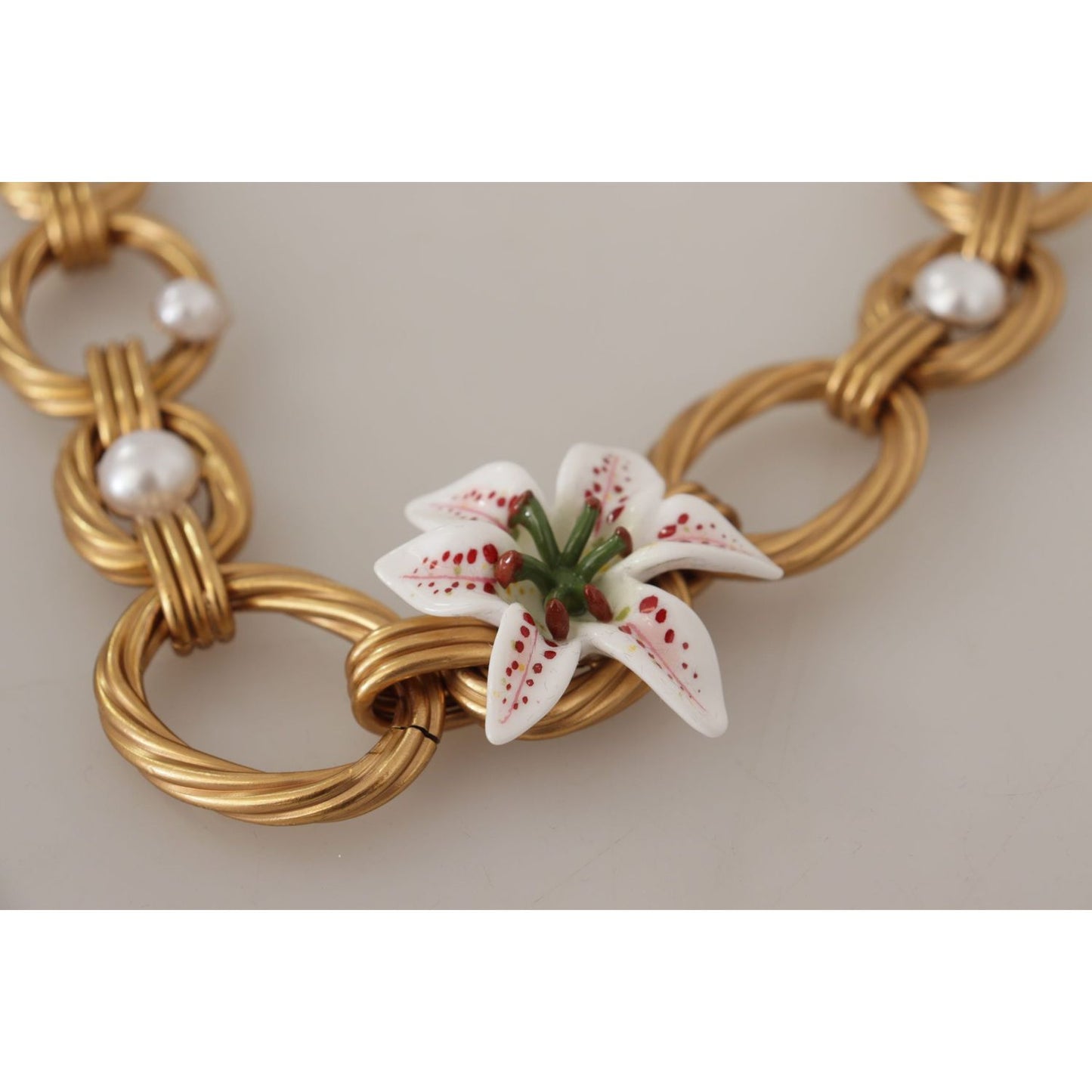 Dolce & Gabbana Gold White Lily Floral Chain Statement Necklace SMY100991
